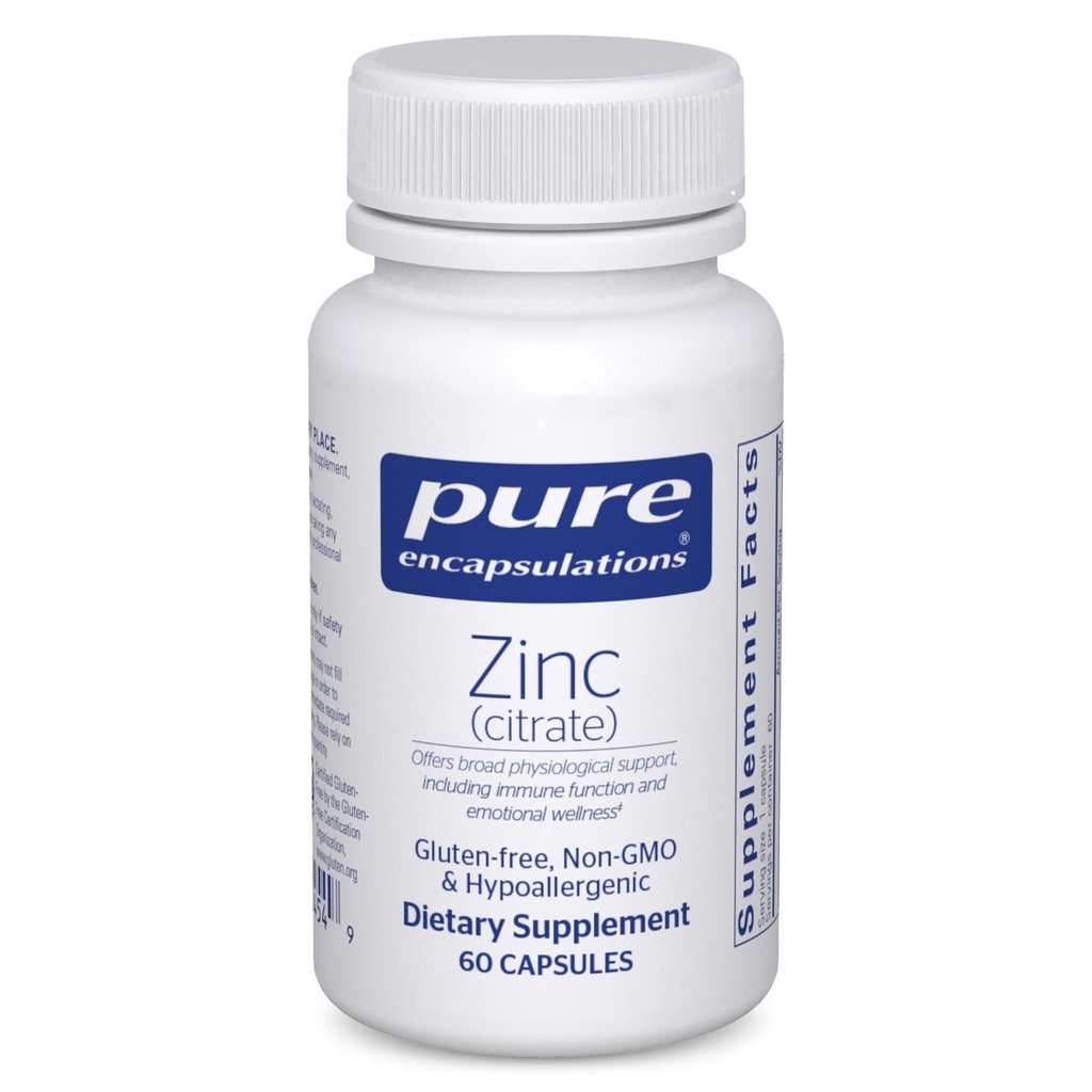 Pure Encapsulations Ψευδάργυρος (Citrate) - για το ανοσοποιητικό σύστημα, την ανάπτυξη ιστού & Μεταβολισμός * - Συμπλήρωμα Ορυκτών με ένζυμα - Εξαιρετικά απορροφήσιμος ψευδάργυρος - Vegan & Non-GMO - 60 κάψουλες