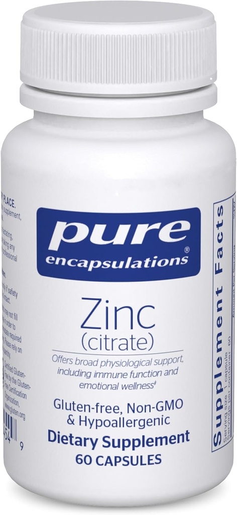 Pure Encapsulations Ψευδάργυρος (Citrate) - για το ανοσοποιητικό σύστημα, την ανάπτυξη ιστού & Μεταβολισμός * - Συμπλήρωμα Ορυκτών με ένζυμα - Εξαιρετικά απορροφήσιμος ψευδάργυρος - Vegan & Non-GMO - 60 κάψουλες