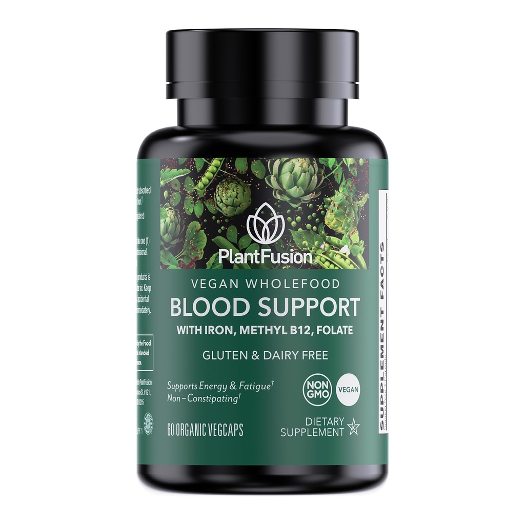 PlantFusion Vegan Iron Supplement for Women & Men - Gentle Plant-Based Iron with C, Torch B12, Folate - Non-Constipating, Wholefood Iron Pills for Energy, Anemia & Blood Support, 60 Capsules