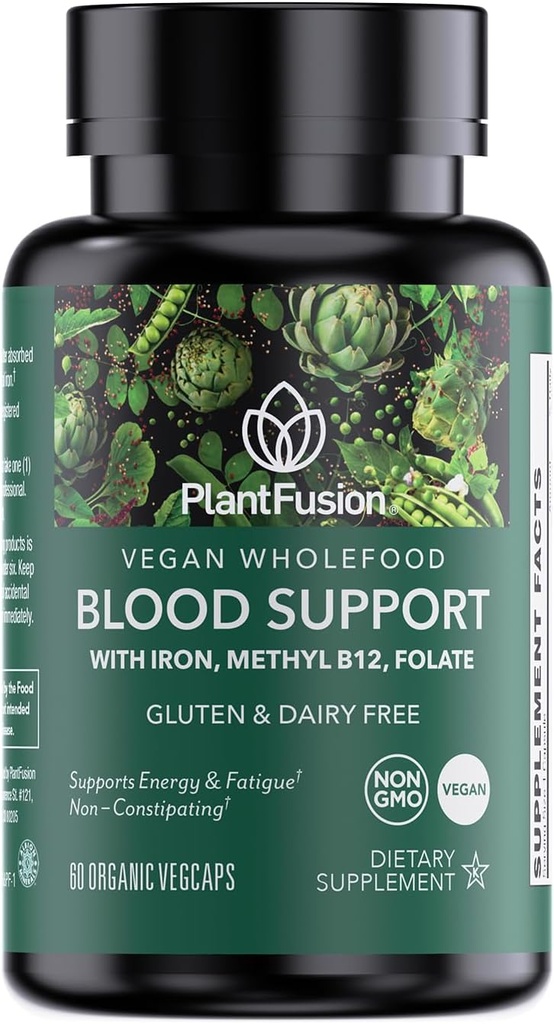 PlantFusion Vegan Iron Supplement for Women & Men - Gentle Plant-Based Iron with C, Torch B12, Folate - Non-Constipating, Wholefood Iron Pills for Energy, Anemia & Blood Support, 60 Capsules
