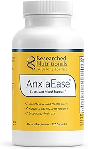 Researched Nutritionals AnxiaEase - Stress, Cortisol Management & Mood Support Supplement - Botanicals, Vitamin B6, Magnesium & 'Psychobiotic' Probiotic Strains (120 Capsules)