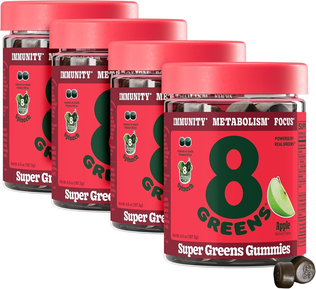 8Greens Supergreens Gummies | Super Greens Toz Superfood Gummy for Metabolism, Immunity & Focus, Digestive Health Enzymes, Organic: Chlorella, Spirulina, Aloe Vera, Apple Flavor, 200 Count