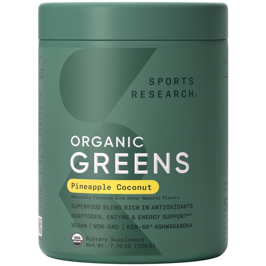 Sports Research® Organic Pineapple Coconut Greens - Digestive Health, Natural Energy & Mood Support* - sertifikalı Organik Toz - 20 Hizmet