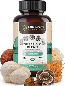 Organic Super Six Mushroom Blend Capsules Supplement (90) | Fruiting Body Extract Complex | Lions Mane, Turkey Tail, Cordyceps, Reishi, Chaga & Tremella | 35% Beta-D Glucans | Overall Wellness Support