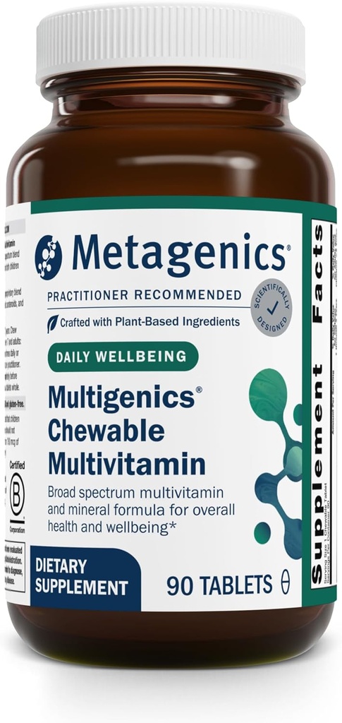 Metagenics Multigenics Chewable Multivitamin - Çocuklar ve Yetişkinler için Günlük Vitamin & Mineral Desteği - Orange Flavor, Non-GMO, Gluten-Free, Chewable Tabletler - GMP sertifikalı Tesis - 90 Hizmetler