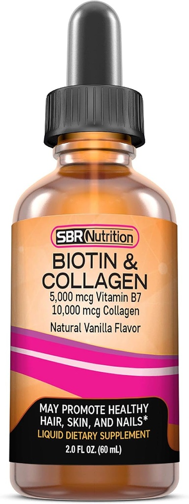 SBR Beslenme Biyotin ve Collagen Sıvı Günlük Diyetsel Tamam, Saç Büyümesi ve Aşılama, Cilt Sağlığı ve Çığlık, 2 oz (60mL)