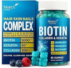 Biotin Collagen Keratin Gummies - A, D, B7 Vitamini ile Doğal Saç, Skin & Nails için Çokvitamin - Anti Aging Collagen Gummy Vitamins for Men & Women, Hair & Nail Growth Supplement - 60 Gummy Bears