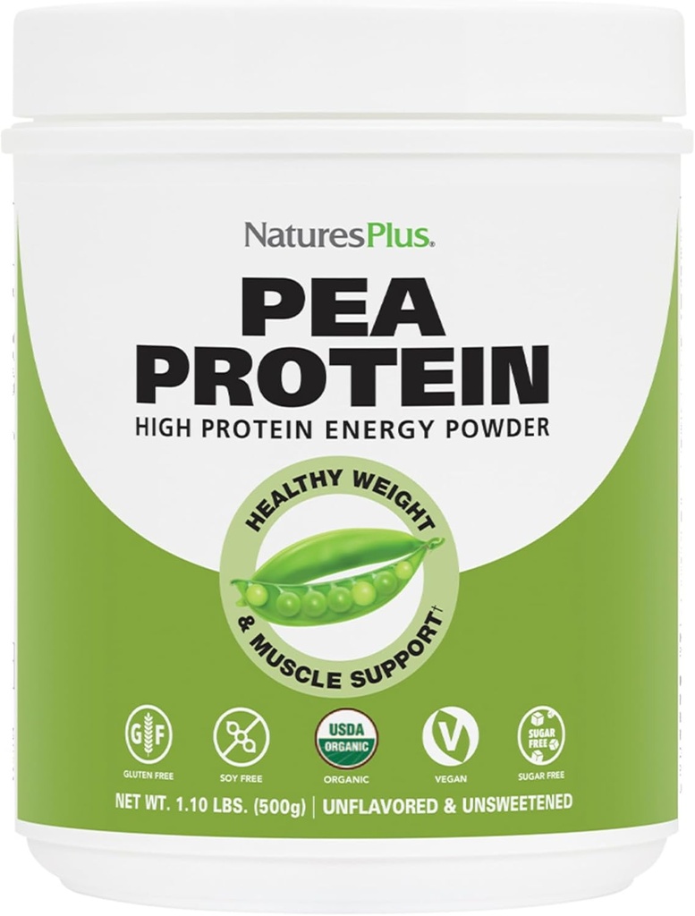 Natures Plus Organic Pea Protein - 1,1 lbs, Vegan Drink Powder - Υψηλής Ενέργειας Protein Powder, Hunger Καταπιεστικό, Μυϊκός Οικοδόμος, Προάγει την Υγεία της Καρδιάς - Μη ΓΤΟ, Χορτοφαγικά, Χωρίς Γλουτένη - 25 Υπηρεσίες