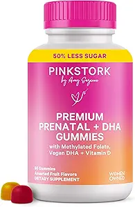 Pink Stork Premium Prenatal Gummy Vitamins with DHA, Folate, and Vitamin D - Neural Tube and Fetal Brain Development için Multivitamin ve Nutrient Ölçeği - 60 Vegan Gummies