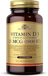 Solgar Vitamin D3 (Cloncalciferol) 25 MCG (1000 IU), 250 Softgels - Sağlıklı Bones & Teeth - Immune System Support - Non-GMO, Gluten Free, Dairy Free - 250 Servisler