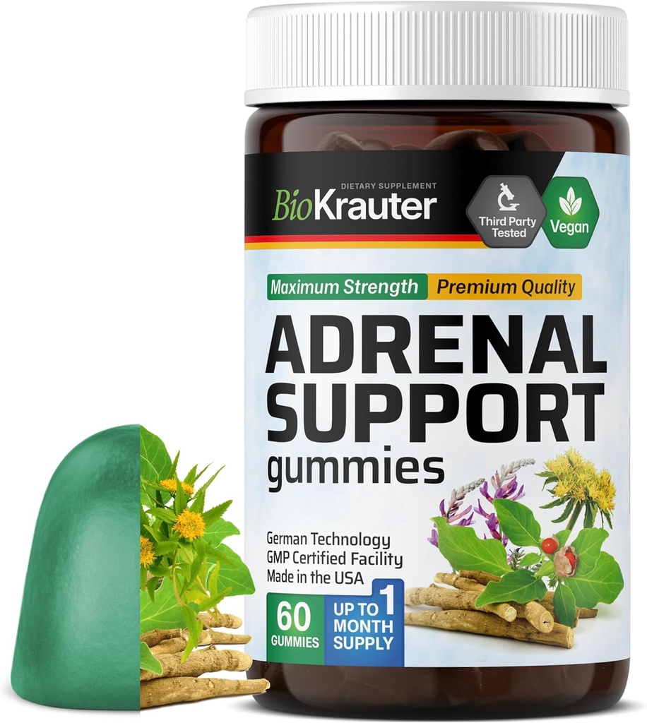 BIO KRAUTER Επινεφριδιακή υποστήριξη Gummies - 60 μάσημα - Rhodiola & Ashwagandha Gummies με βιταμίνες C, B6, B12 - Vegan Mood συμπλήρωμα υποστήριξης