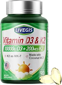 Βιταμίνη D3 K2 Softgels, D3 10000 IU με K2 (MK-7) 200 mcg με Coconut Oil Softgels, Εύκολο στην κατάποση 2 σε 1 Βιταμίνες D & K, Υποστηρίζει Απορρόφηση ασβεστίου, Ανοσοποιητικό και Καρδιά Υγεία - 90 Μετρήσεις