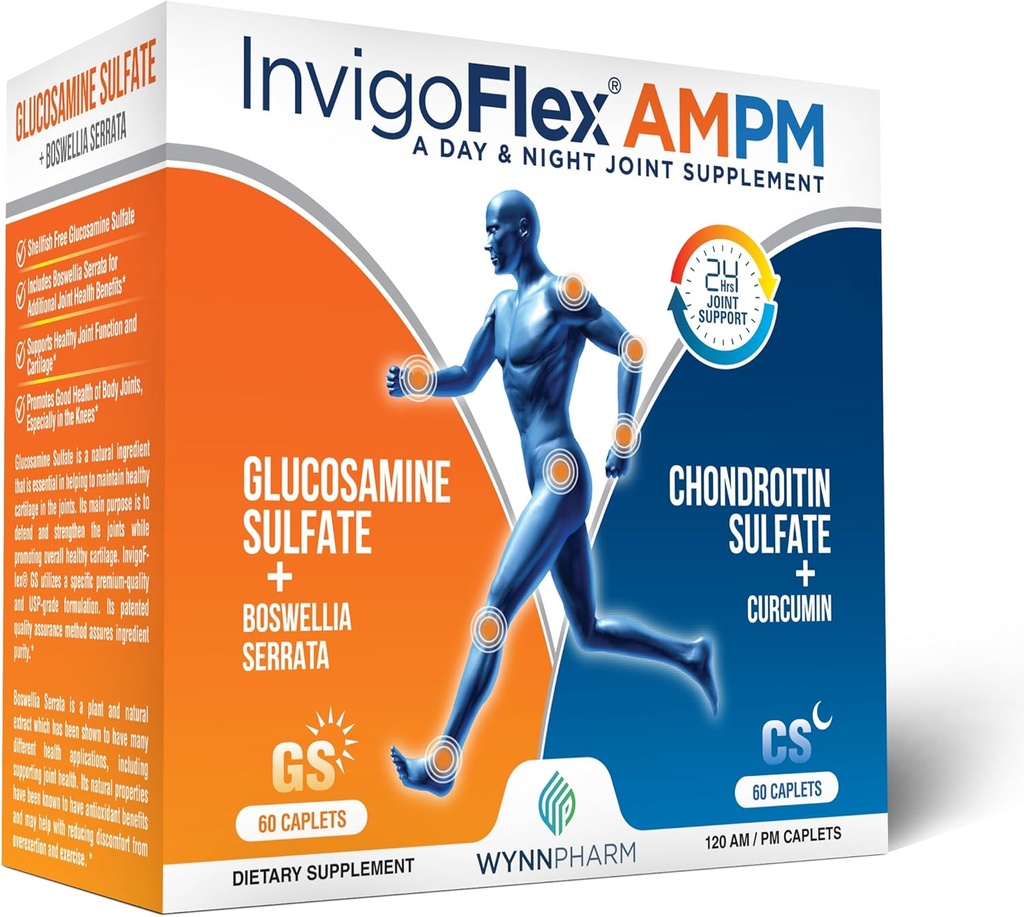 INVIGOFLEX® AMPM - Glucosamine & Chondroitin Sulfate - Turmeric Curcumin - Boswellia Serrata (Non GMO) için Dizler, Hands, Back ve 24 - Saat Premium Ortak Supplement