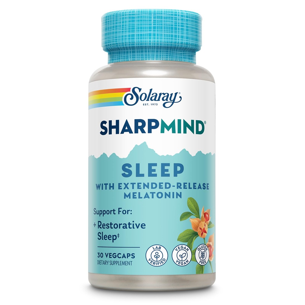 SOLARAY SharpMind Sleep, Nootropic Sleep Aid Formula, Nootropics Brain Supplement for a Calm Mood and Healthy Sleep with Slow Release Μελατονίνη 3mg, 60 Day Guarantee, 30 Servings, 30 VegCaps