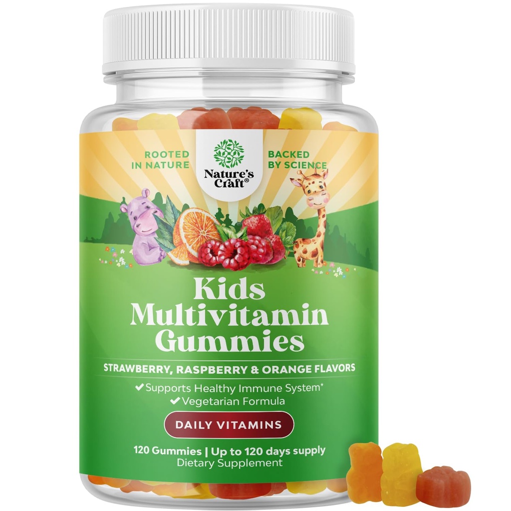 Natures Craft Plant Based Kids Multivitamin Gummies - Πολυβιταμίνη για παιδιά Ανοσία Υποστήριξη Gummies με βιταμίνες A C D3 E B και ψευδάργυρος Ζελατίνη και χωρίς γλουτένη Βιταμίνες Gummy Formula 120ct