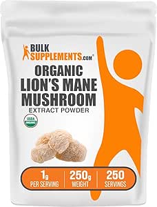 BulkSupplements.com Organik Lion's Mane Mushroom Extract Toz - Lions Mane Supplement Toz, Well-Being için Superfood - Vegan, 1g per Service, 250g (8.8 oz) (Pack of 1)