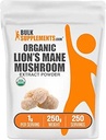 BulkSupplements.com Organik Lion's Mane Mushroom Extract Toz - Lions Mane Supplement Toz, Well-Being için Superfood - Vegan, 1g per Service, 250g (8.8 oz) (Pack of 1)