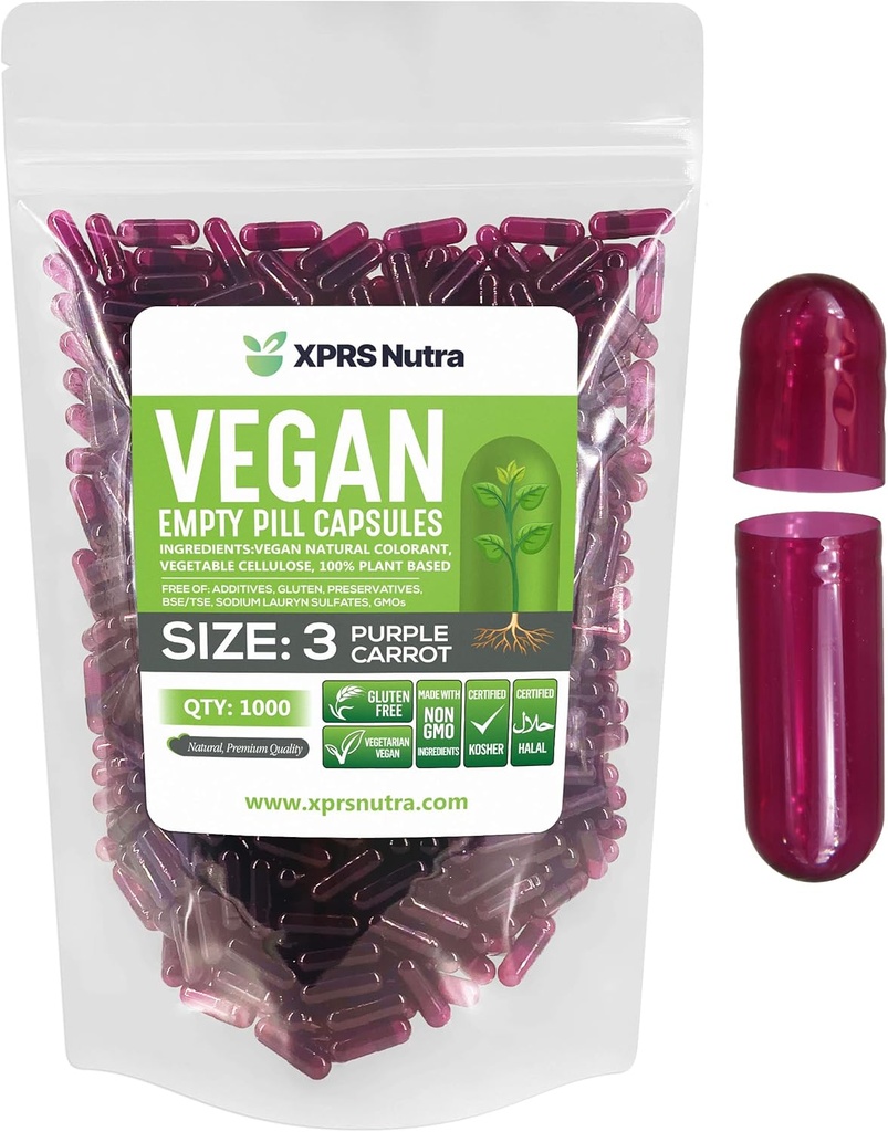 XPRS Nutra μέγεθος 3 άδεια κάψουλες - 1000 κόμης άδειος Vegan - χορτοφαγικά χάπια - DIY φυτική κάψουλα πλήρωσης - Veggie χάπια καπάκια (Purple Carrot)