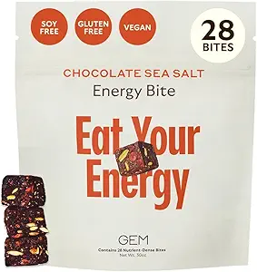GEM Energy Caffeinated Bite, 40 mg Caffeine, BTC Root, L-Theanine, Holistic Sustained Energy, Supports Metabolism, Stamina & Endurance | Ca Chocolatecao Sea Salt | 28 Servisler