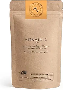 Movita Fermented Vitamin C 250 mg – Immunity ATM, Antioksi Koruma, Aids Collagen Synthesis & Iron Abxia – Organik, Vegan, Gluten-Free, Non-GMO – 30-Day Supply (Eco-Friendly Pouch)