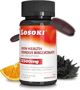 Losoki Iron Bisglycinate 20 mg με βιταμίνη C, B12 American Ginseng & Probiotics, Gentle on The Stomach, υποστηρίζει την ενέργεια και την έλλειψη σιδήρου - μη ΓΤΟ, 60 δισκία
