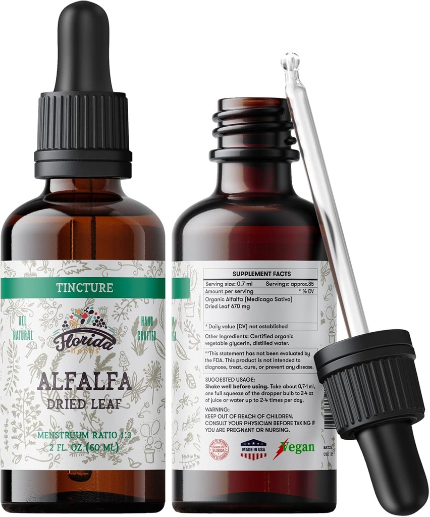 Alfalfa Tincture, Organik Alfalfa Ekstraksiyon (Medicago Sativa) kuru Leaf, Immune Desteği için Antioksiksiyon, Soğukta Olmayan Organik Sebze Glycerin 2 oz, 670 mg
