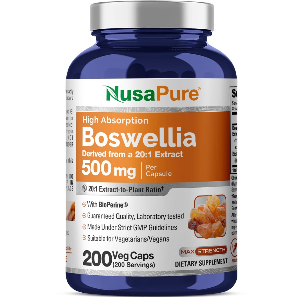 NusaPure Boswellia Serrata 10.000 mg ανά Veggie Caps 200 Count (Ext. 20:1, Non-GMO, Vegan, Bioperine) Ayurvedic Herb: Indian Olibanum, Frankincense