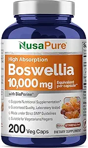 NusaPure Boswellia Serrata 10.000 mg Per Veggie Caps 200 Count (Ext. 20:1, Non-GMO, Vegan, Bioperine) Ayurvedic Herb: Hint Olibanum, Frankincense