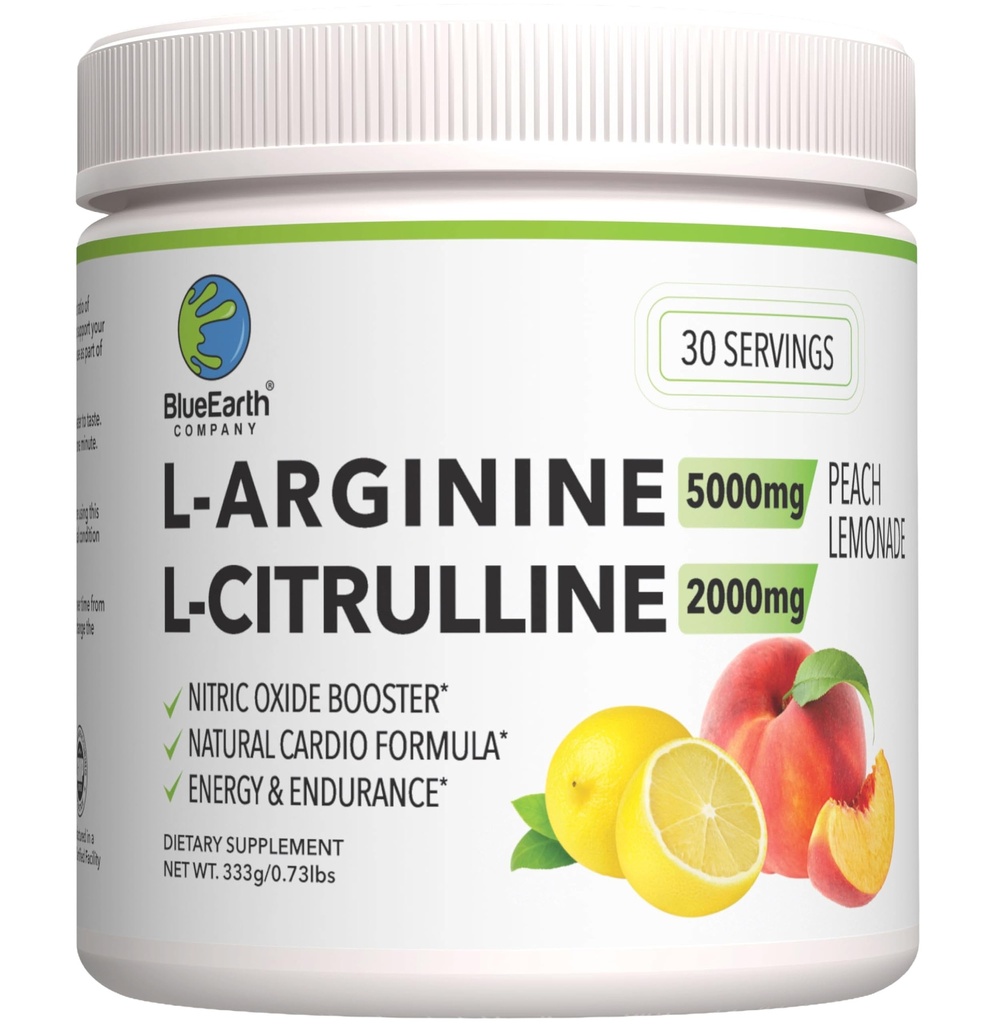 L-Arginine 5000 mg + L-Citrulline 2000 mg Kompleksi Toz Supplement - Nitrik Oksit - Kalp Sağlığı, Kan Akışı, Enerji ve Endurance - 30 Hizmet (Peach Lemonade)