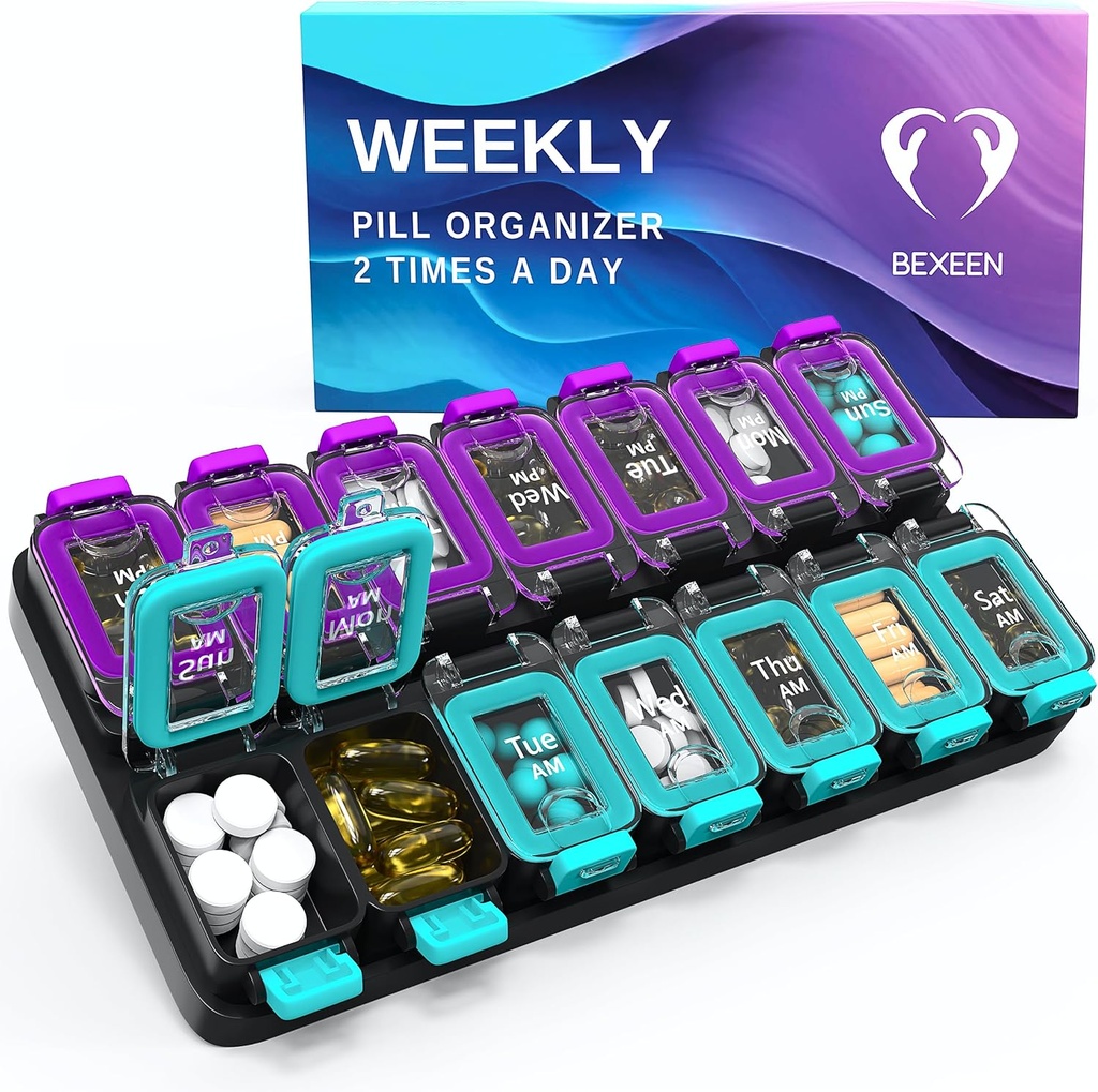 Ekstra Büyük Haftalık Pill Organizer 2 Times A Day - Airtight Pill Box 7 Day - Am Pm Vitamin Case - Tıp Konteyner İki Hafta Tamamlayıcı Günlük İlaç Deposu Yarı XL Yeşil / Purple