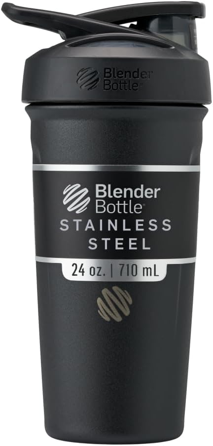 BlenderBottle Strada Shaker Κύπελλο μονωμένο από ανοξείδωτο χάλυβα μπουκάλι νερού με σύρμα Whisk, 24 Ounce, μαύρο