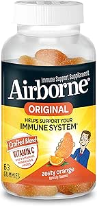 Airborne C 750 mg (per Servis) Zesty Orange Flavored Gummies (63 Kont in a Şişe), Gluten-Free Immune Support Supplement with Vitamins A C E, Selenium, Echinacea & Ginger