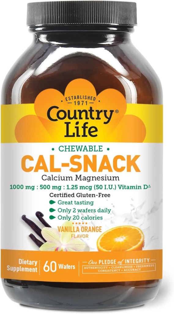 Country Life Cal-Snack, Chewable Food, Magnezyum with Vitamin D, 1000 mg/500 mg/50 IU, Dairy-Free, Vanilla Orange Flavor, 60 Wafers, sertifikalı Gluten Free, sertifikalı Vegan Vegan