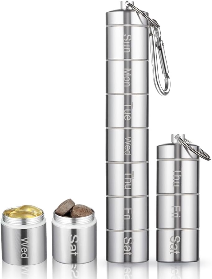Metal Moisture Support Weekly Pill Organizer 7 Day 3 Times a Day, Stackable Alüminyum Alloy Free Travel Hiking Pill Box Case Sus, Vitamins, Fish Oil, Supplem