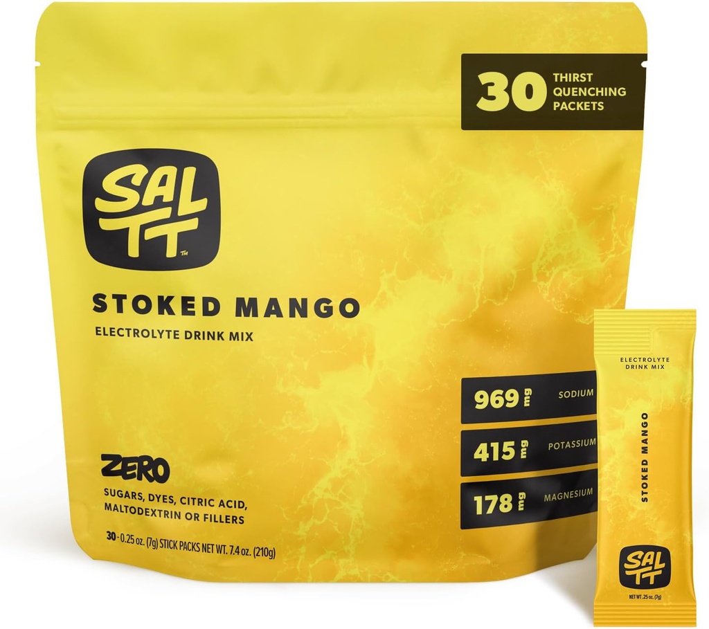 SALTT Ηλεκτρολυτές σκόνης αρωματισμένο ποτό Mix - Stooked Mango - 30 συσκευασίες ενυδάτωσης - Μαγνήσιο, Κάλιο, Νάτριο, Ανιχνευτές - Μηδενική ζάχαρη & Χωρίς γλουτένη - ταξιδιωτικά Απαραίτητα