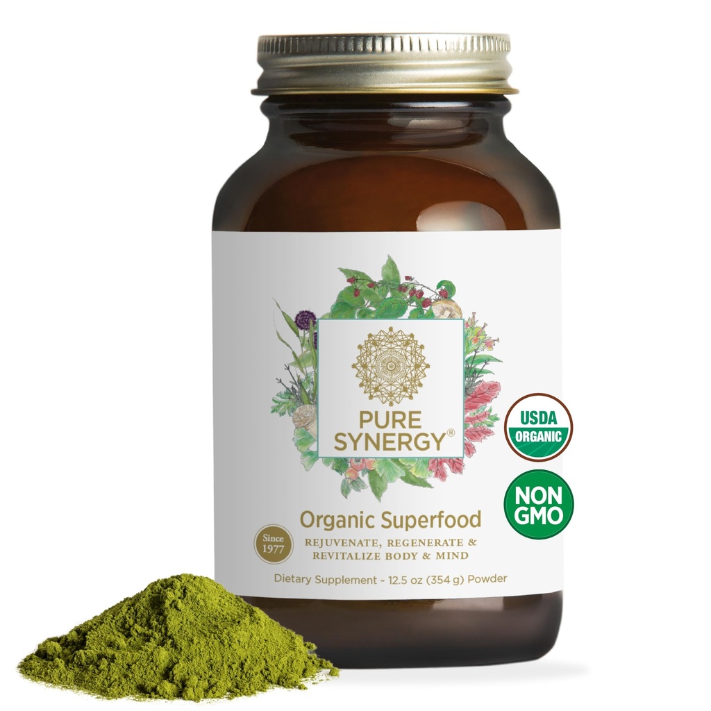 PURE SYNERGY Organik Superfood Toz | Yeşil Superfood Toz | Organik Yeşiller, Spirulina ve Mushrooms | Enerji, Sağlıklı Ağlama ve Immune Health (12.5 oz)