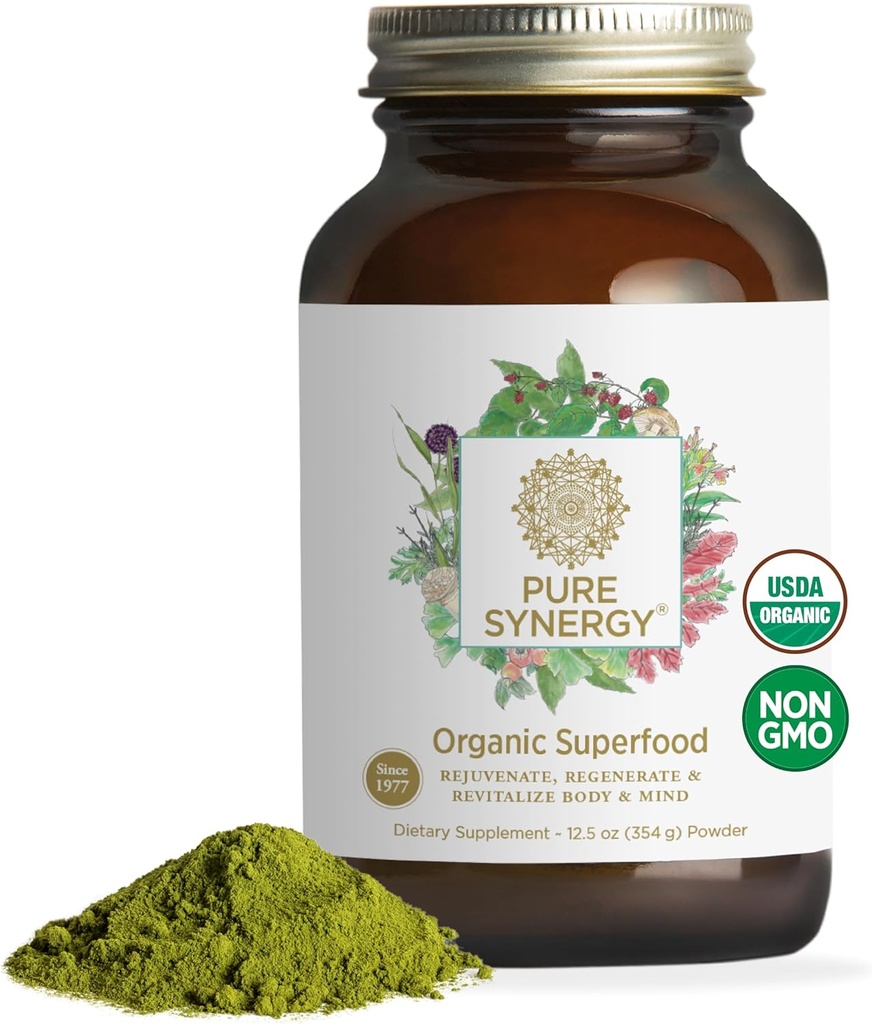 PURE SYNERGY Organik Superfood Toz | Yeşil Superfood Toz | Organik Yeşiller, Spirulina ve Mushrooms | Enerji, Sağlıklı Ağlama ve Immune Health (12.5 oz)