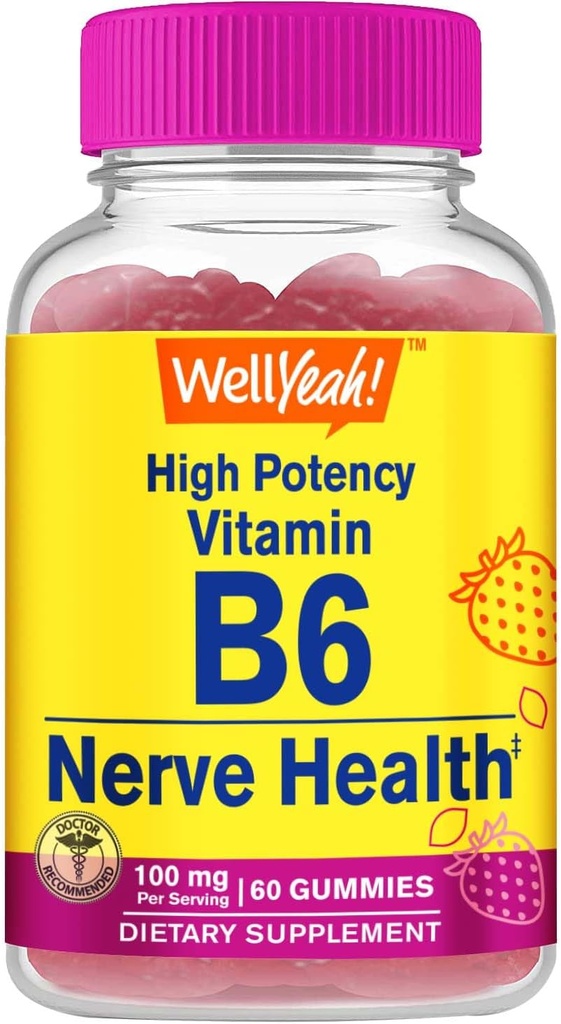 WellEvet Yüksek Potency B6 Gummies - Nerve Health, Cognitive Function, Mood Regulation, Immune Support ve Cardiovascular Health - Vegan, Non-GMO, Gluten-Free - 60 Count