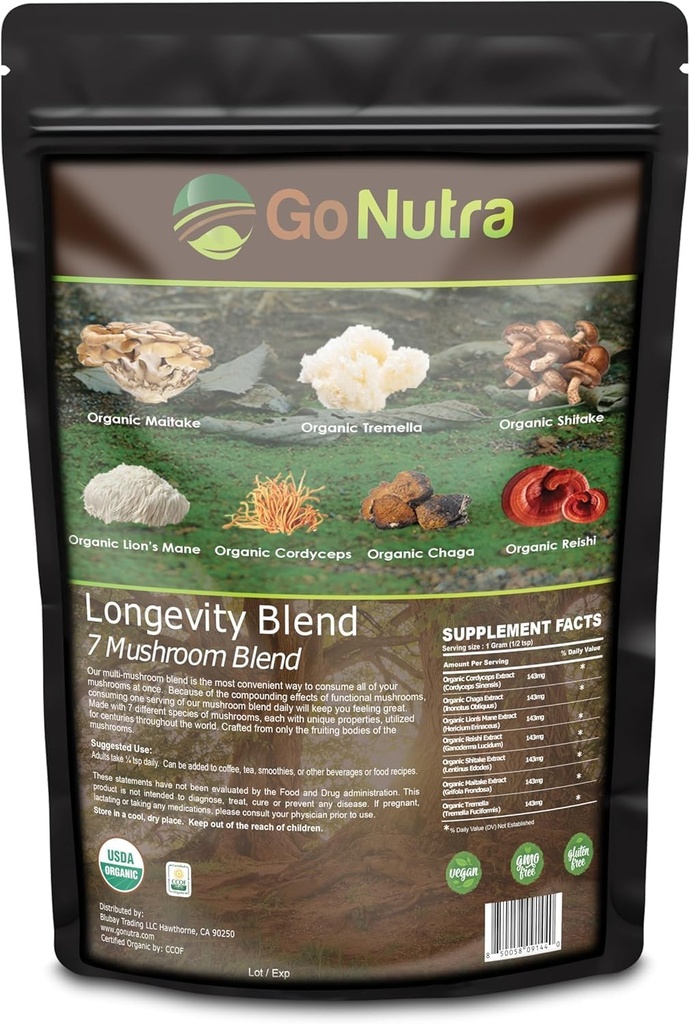 Go Nutra - Organik 7 Mushroom Supplement, Longevity Mushroom Toz Aslan'ın Mane, Chaga, Shiitake, Maitake, Reishi, Tremella ve Cordyceps Mushroom, Non-GMO, Gluten-Free, Vegan, 8 oz