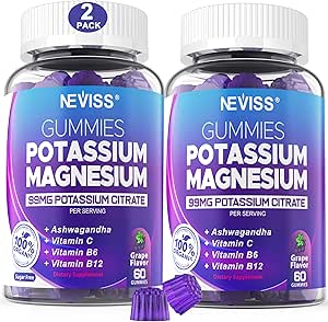 Potassium Magnesium Gummies - Potassium Supplement w/Ashwagandha 200mg, Magnesium Glycinate,B6,B12,P-otassium Citrate for Leg Cramps,Muscle,Electroyte for Adults Kids,Sugar-Free, 2 Pack