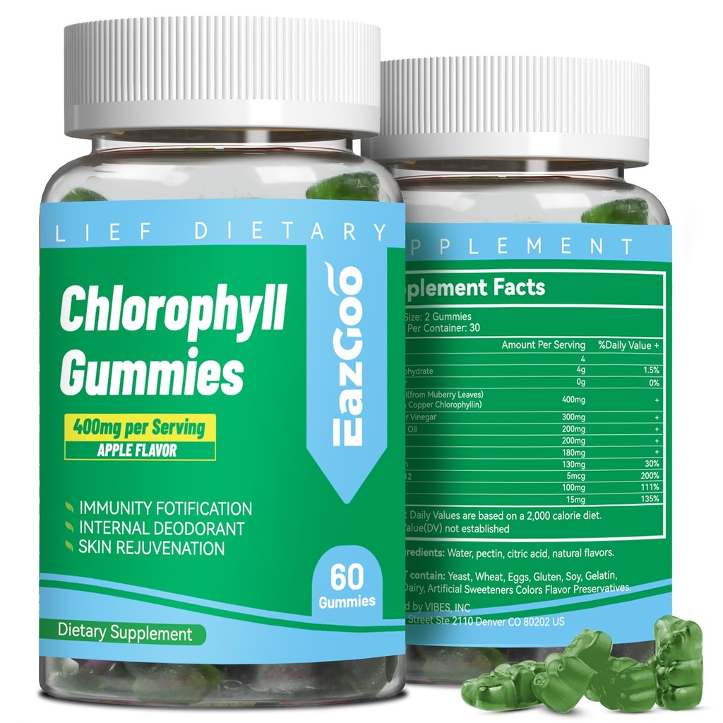 Sugar Free Chlorophyll Gummies, Vitamin B12 çinko - Natural Deodor*, Sağlıklı Cilt ve Vücut Detox*, Immune & Digestion Support, Chewable Chlorophyll Supplement for Women - 60 Count