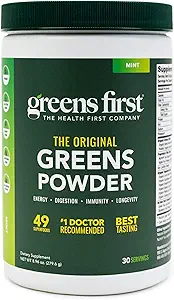 Greens First Original Greens Toz - 49 Superfoods - Organik Meyveler & Veggies - Prebiyotikler, Probiyotikler & Digestive Enzymes - Antioksidan - Süt Free, Vegan & Non-GMO (Mint, 30 Hizmet)