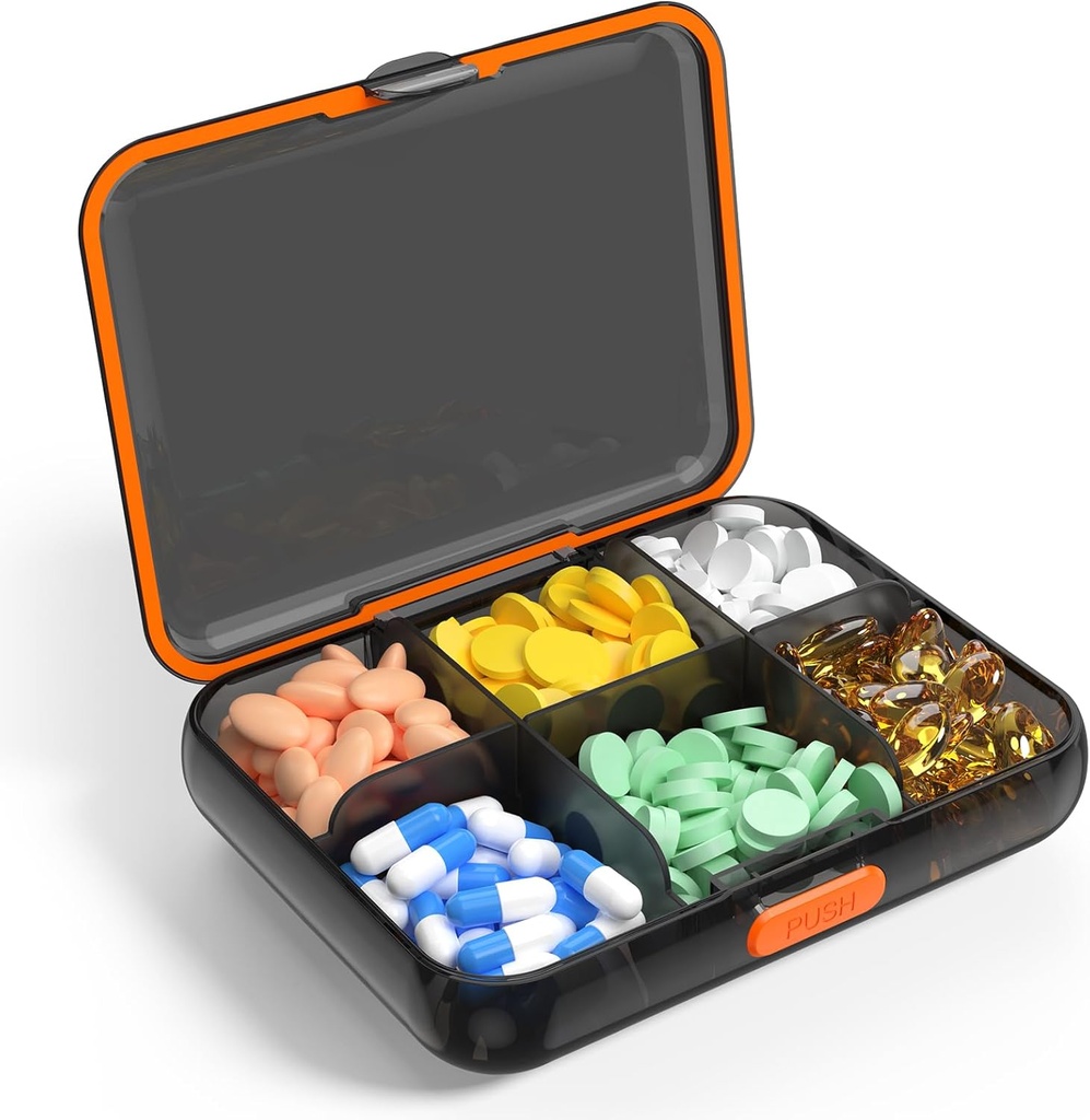 Büyük Seyahat Pill Organizer Portatif Sarnağı Vitaminler için Dayanıklı Pill Vakası Fish Oil Supplements 6 Karşılaştırmalı Pill Box Reforce Dividers (Black)