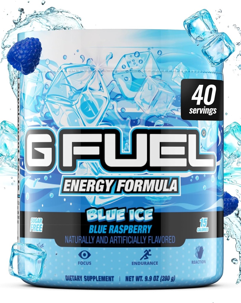 G Fuel Blue Ice Energy Drink Powder, Pre Workout Caffeine Mix for Gaming, Sugar Free Focus Amino, Βιταμίνη + Αντιοξειδωτικά, 9.9oz (Blue Raspberry, 40 Servings)