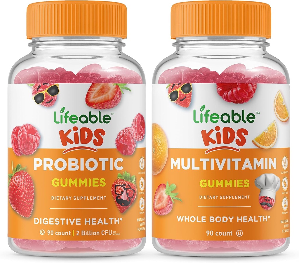 Lifeable Probiotic 2 Billion CFU Kids + Multivitamin Kids, Gummies Bundle - Great Tasting, Vitamin Supplement, Gluten Free, GMO Free, Chewable Gummy