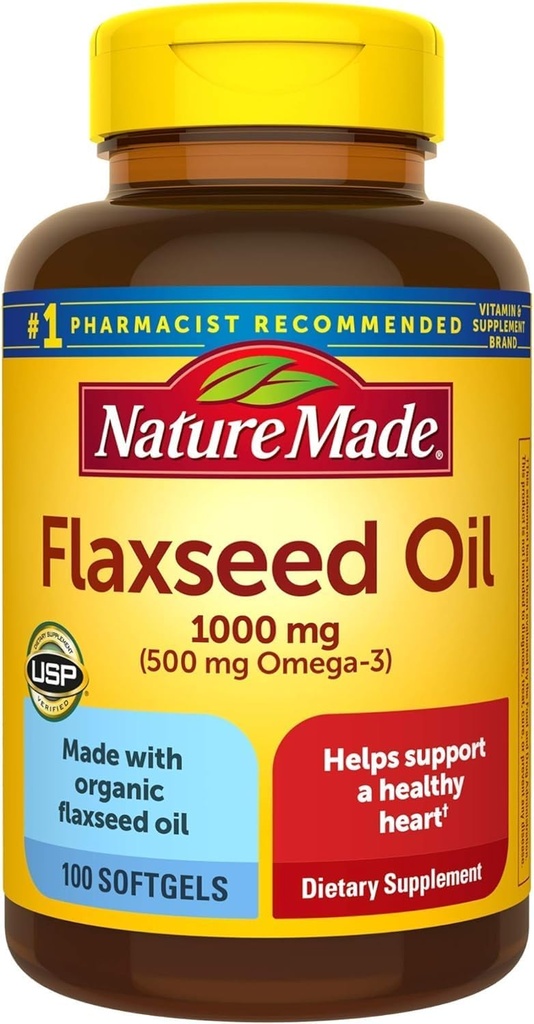 Nature Made Flaxseed Oil 1000 mg, Fish Free Omega 3 Supplement, Dietary Supplement for Heart Health Support, 100 Softgels, 100 Day Supply