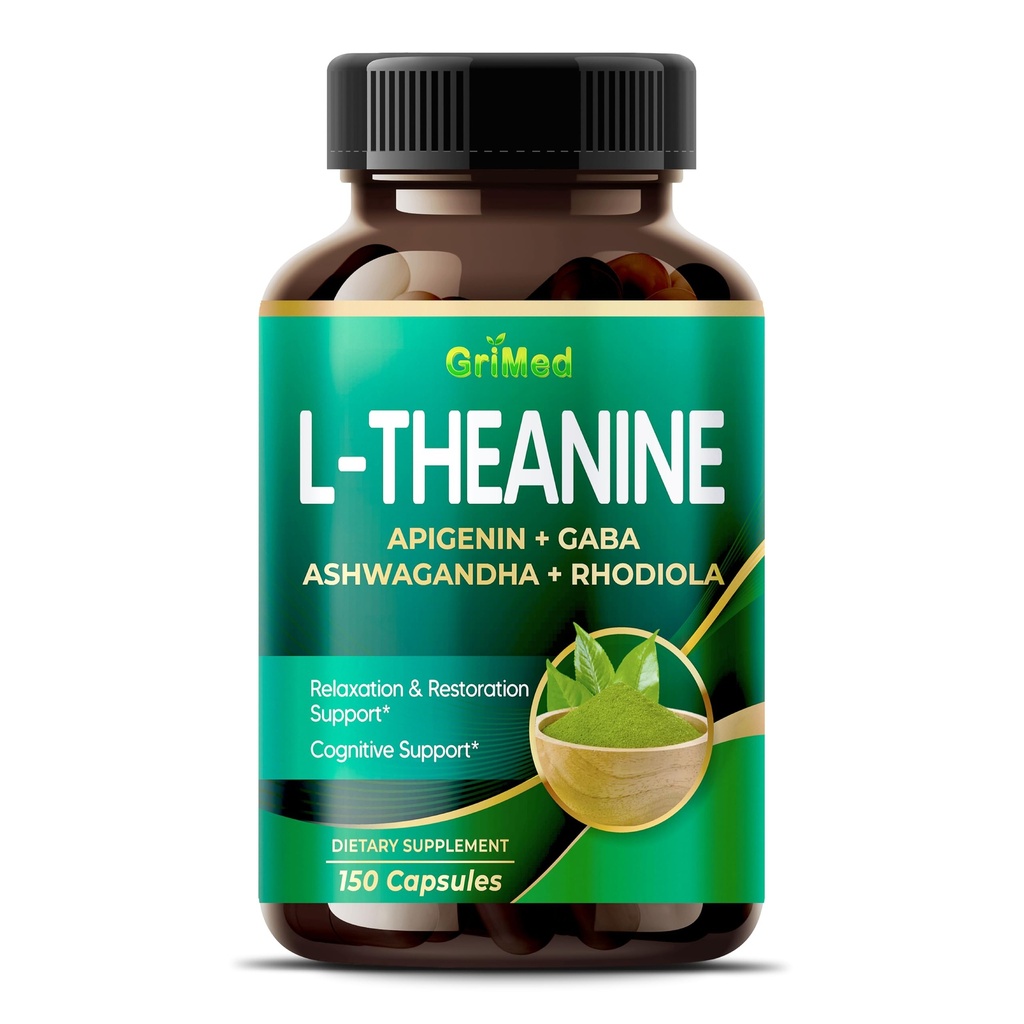 GriMed L-Theanine 11,900 mg- X10 Power with Apigenin, GABA Ashwagandha, Rhodiola - Rahatlama ve Restorasyon Focus ve Memory - Made in USA (150 Count)