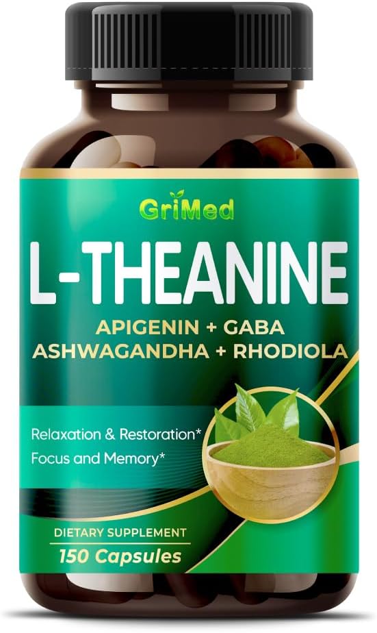 Grimed L-Theanine 11.900mg- X10 Power with Apigenin, GABA Ashwagandha, Rhodiola - Relaxation & Restauration Focus and Memory - Made in USA (150 Count (Pack of 1))