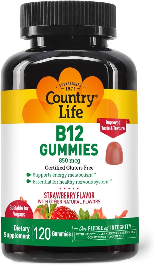 Ülke Yaşam Vitamini B12 Gummies – 850 mcg Cyanocobalamin, 120 Kont – Vegan, Enerji Metabolism & Nervous System Support – Natural Strawberry Flavor, 2g Sugar Strawberry