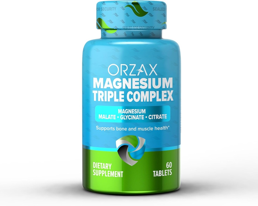 ORZAX Magnezyum Triple Kompleks | Glycinate, Citrate, Malate | Vegan, Gluten Free, Dairy Free, Halal | 200 mg of Triple Complex Magnezyum for Muscles & Energy for Women and Men | 60 Tabletler